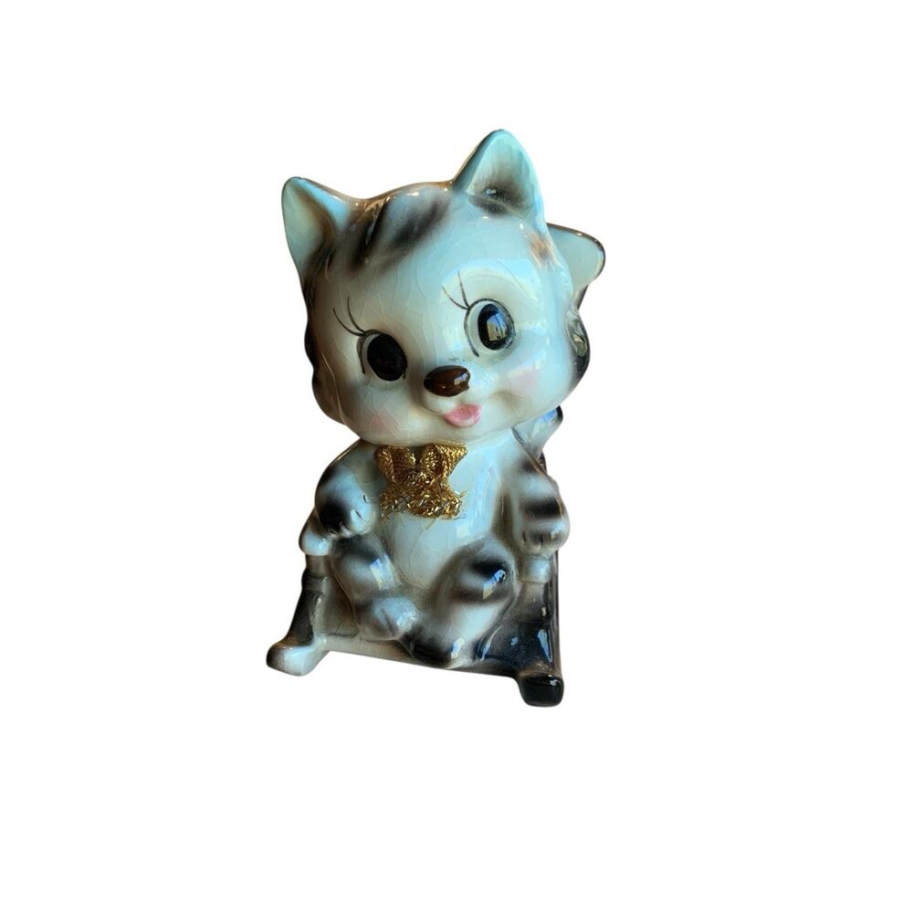 Vintage Ceramic Kitty Cat In Rocking Chair 1960's Coin Piggy Money Bank Japan